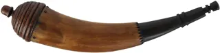 Powder Horn,
12", paneled tip,
patina finish, turned walnut base